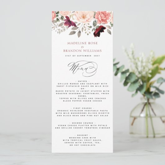 Elegant Burgundy Blush Floral Wedding Menu (Staand voorkant)