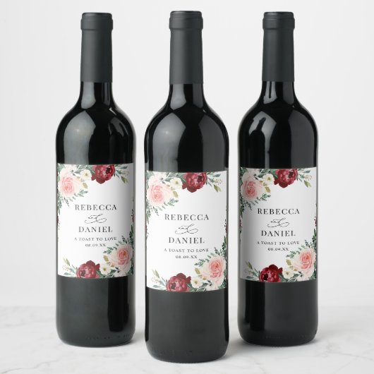Elegant Burgundy Blush Floral Wedding Persoonlijk Wijn Etiket (Flessen)