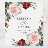 Elegant Burgundy Blush Floral Wedding Persoonlijk Wijn Etiket (Enkel label)