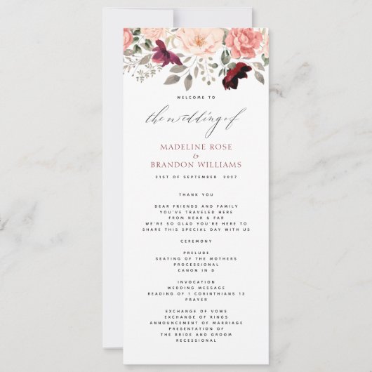 Elegant Burgundy Blush Floral Wedding Programme (Voorkant)
