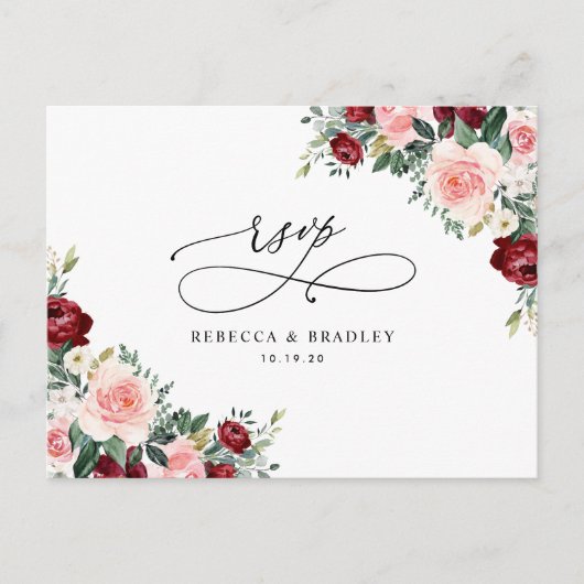 Elegant Burgundy Blush Floral Wedding Rsvp Briefkaart (Voorkant)