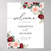 Elegant Burgundy Blush Floral Wedding Welcome Sign Poster (Voorkant)