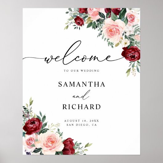 Elegant Burgundy Blush Floral Wedding Welcome Sign Poster (Voorkant)