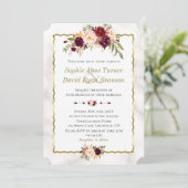 Elegant Burgundy Blush Flowers Gold Marble Wedding Kaart (Staand voorkant)