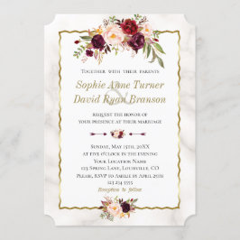 Elegant Burgundy Blush Flowers Gold Marble Wedding Kaart