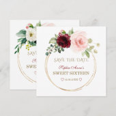 Elegant Burgundy Blush Flowers Gold Sweet Sixteen Save The Date (Voorkant / Achterkant)