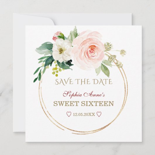 Elegant Burgundy Blush Flowers Gold Sweet Sixteen Save The Date (Achterkant)