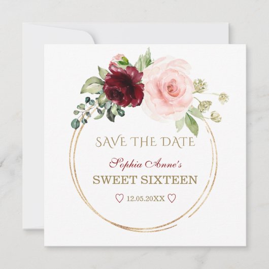 Elegant Burgundy Blush Flowers Gold Sweet Sixteen Save The Date (Voorkant)