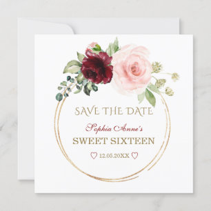 Elegant Burgundy Blush Flowers Gold Sweet Sixteen Save The Date