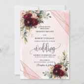 Elegant burgundy blush gold roses wedding invite kaart (Voorkant)