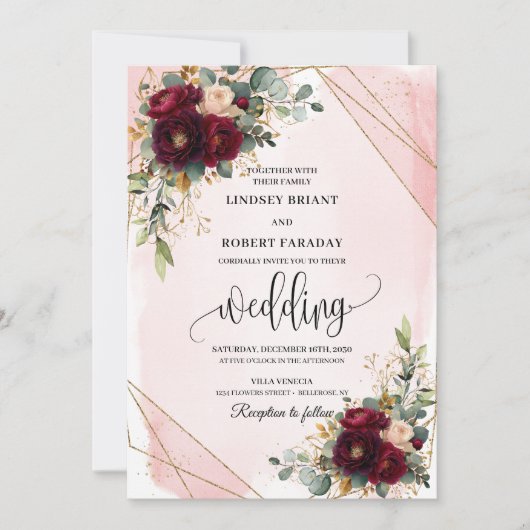 Elegant burgundy blush gold roses wedding invite kaart (Voorkant)