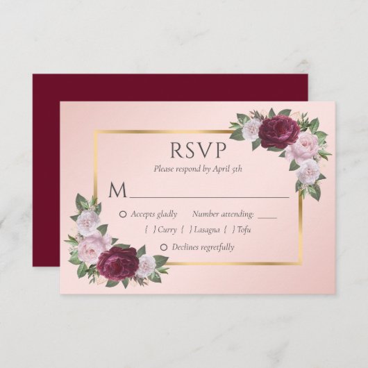 Elegant Burgundy Blush Gold Wedding RSVP Kaarten (Voorkant / Achterkant)