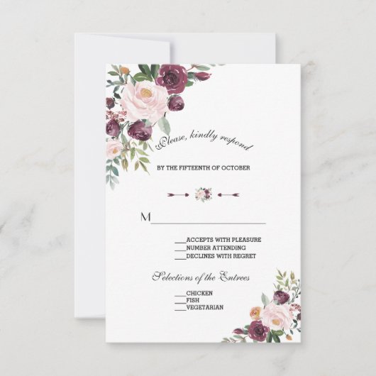 Elegant Burgundy Blush Ivory Floral Wedding RSVP Kaartje (Voorkant)