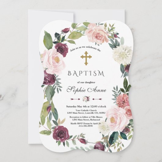 Elegant Burgundy Blush Ivory Floral Wreath Baptism Kaart (Voorkant)