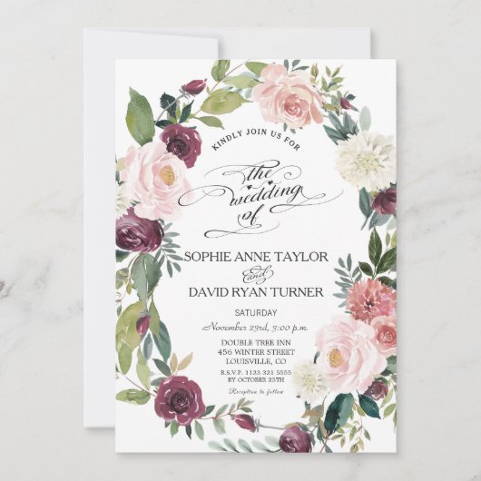 Elegant Burgundy Blush Ivory Floral Wreath Wedding Kaart (Voorkant)