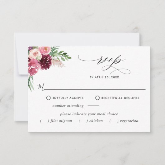 Elegant Burgundy Blush, met /zonder maaltijdopties RSVP Kaartje (Voorkant)