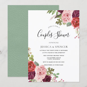 Elegant Burgundy Blush Mint Couples Shower Invite Kaart