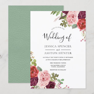 Elegant Burgundy Blush Mint Wedding Invitation Kaart