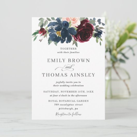 Elegant Burgundy Blush Navy Blue Floral Wedding Kaart (Staand voorkant)