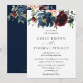 Elegant Burgundy Blush Navy Blue Floral Wedding Kaart (Voorkant / Achterkant)