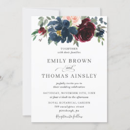 Elegant Burgundy Blush Navy Blue Floral Wedding Kaart