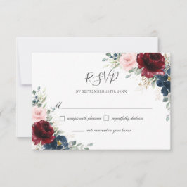 Elegant Burgundy Blush Navy Blue Floral Wedding RSVP Kaartje