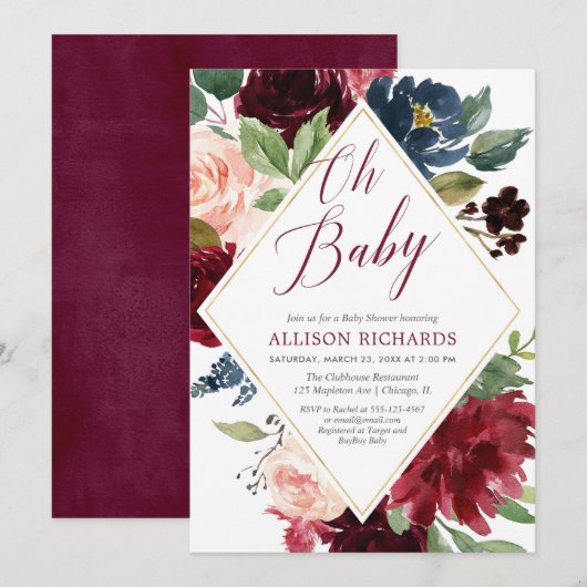 Elegant burgundy blush navy floral baby shower kaart (Voorkant / Achterkant)