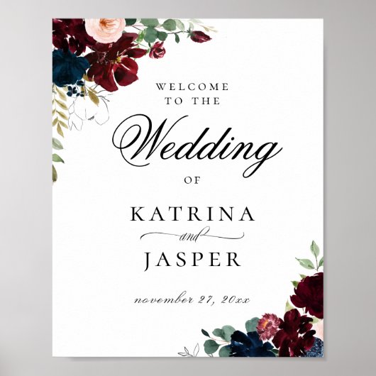 Elegant Burgundy Blush Navy Floral Wedding Welkom Poster (Voorkant)