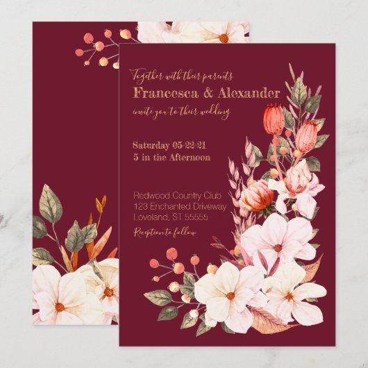 Elegant Burgundy Blush Oranje Floral Wedding Kaart (Voorkant / Achterkant)