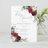 Elegant Burgundy Blush Pink Floral Blue Baby Invit Kaart (Staand voorkant)