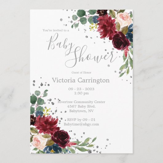 Elegant Burgundy Blush Pink Floral Blue Baby Invit Kaart (Voorkant)