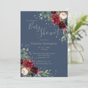 Elegant Burgundy Blush Pink Floral Blue Baby Kaart