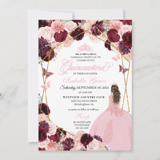 Elegant Burgundy Blush Pink Floral Quinceanera Inv Kaart (Voorkant)