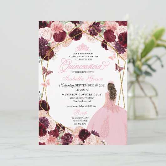 Elegant Burgundy Blush Pink Floral Quinceanera Inv Kaart (Staand voorkant)