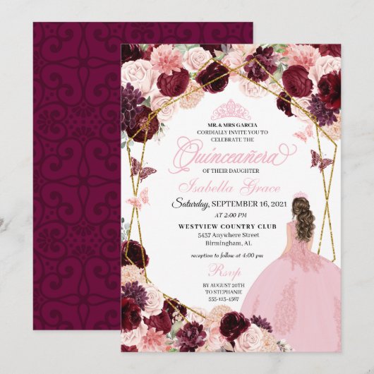 Elegant Burgundy Blush Pink Floral Quinceanera Inv Kaart (Voorkant / Achterkant)