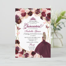 Elegant Burgundy Blush Pink Floral Quinceanera Inv