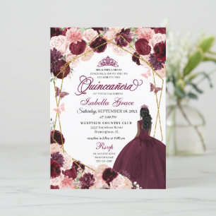 Elegant Burgundy Blush Pink Floral Quinceanera Inv Kaart