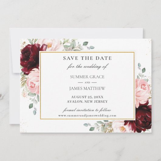 Elegant Burgundy Blush Pink Floral Rozen Weddensch Save The Date (Voorkant)