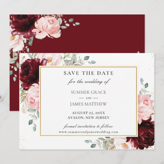 Elegant Burgundy Blush Pink Floral Rozen Weddensch Save The Date (Voorkant / Achterkant)