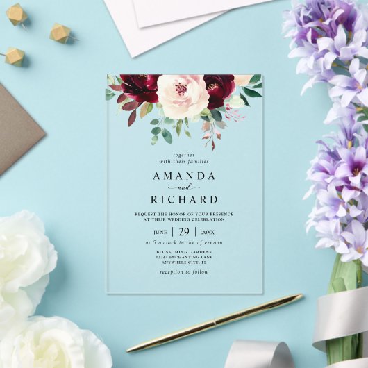 Elegant Burgundy Blush Pink Floral Wedding Acryl Uitnodigingen (Insitu (Huwelijk))