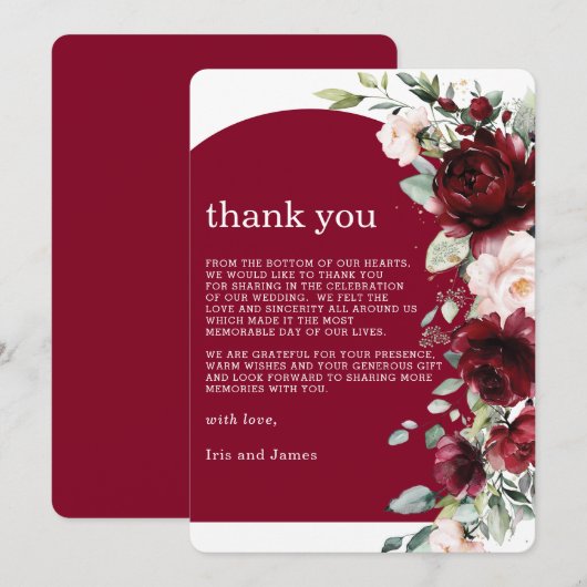 Elegant Burgundy Blush Pink Floral Wedding Bedankkaart (Voorkant / Achterkant)