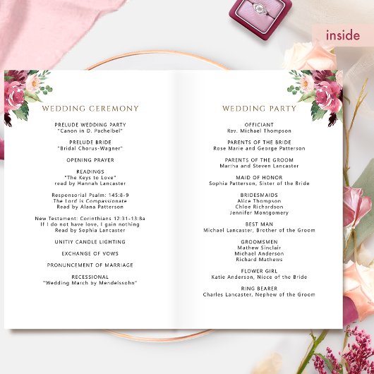 Elegant Burgundy Blush Pink Floral Wedding Program