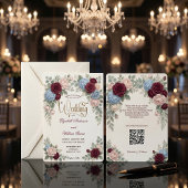 Elegant Burgundy Blush Pink Modern QR Code Wedding Kaart
