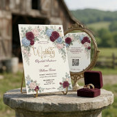 Elegant Burgundy Blush Pink Modern QR Code Wedding Kaart