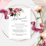 Elegant Burgundy Blush Pink Rehearsal Dinner Kaart<br><div class="desc">Prachtige uitnodiging voor het diner van de repetitie met mooie waterverf, met een floraal detail waarin je repetitieve details te zien zijn. "repetitie" in moderne, handgeschreven kalligrafie. Floral in een mooi mengsel van bogundy, wazige, roze, stoffige rozen, puve en bessen huiden. Uitnodiging met zowel repetitietijd als plaats, evenals de avondmaaltijd...</div>