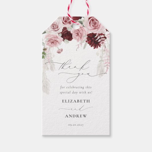 Elegant Burgundy Blush Pink Rose Weddenschap Bedan Cadeaulabel (Voorkant)