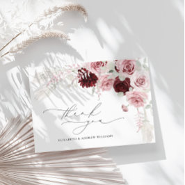 Elegant Burgundy Blush Pink Roses Floral Wedding Bedankkaart