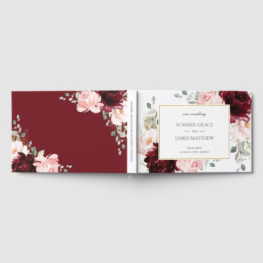 Elegant Burgundy Blush Pink Roses Floral Wedding Gastenboek (Volledig)
