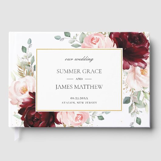 Elegant Burgundy Blush Pink Roses Floral Wedding Gastenboek (Voorkant)