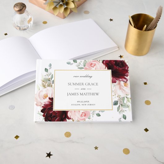 Elegant Burgundy Blush Pink Roses Floral Wedding Gastenboek (Voorkant open)